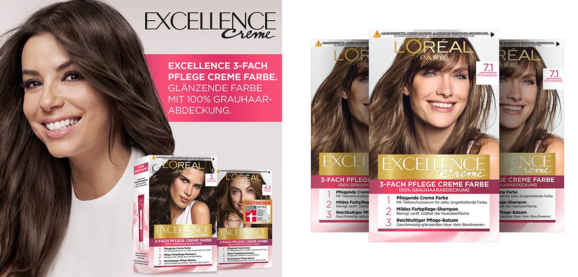 Excellence 3-Fach Pflege Creme Farben - Produktabbildungen und Produktvorteile